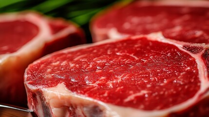Obraz premium Three pieces of meat are displayed on a cutting board. The meat is red and he is fresh