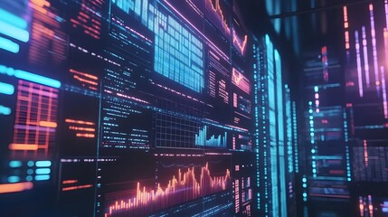 Fototapeta premium A vibrant display of digital data and analytics on a modern screen. 2025 funding strategy for businesses, financial growth, entrepreneurs presenting ideas to investors in a digital environment.