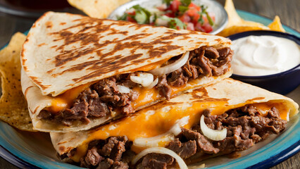 traditional mexican quesadilla or corn tortilla filled with cheese and meat, delicious dish from mexico
