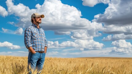 Farmer standing in golden wheat field under a vast blue sky with fluffy white clouds. Image ideal for agriculture, farming, and harvest themes.