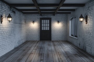 Dark room, wooden floor, brick walls, door, lanterns, night