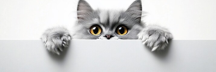 Fototapeta premium Curious gray cat peeking over white surface.