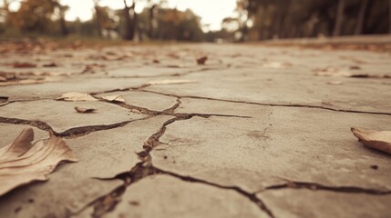 Obraz premium Cracked pavement with autumn leaves.