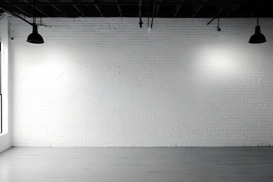 Fototapeta Empty white brick wall studio, wood floor, lights, urban background, product display