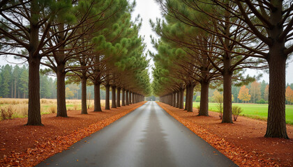 Obraz premium Serene autumn pine tree row along quiet country road, tranquil beauty