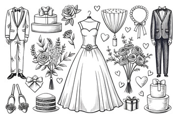 Set of wedding items including a bride, groom, wedding cake, flowers. On transparent background. Png file