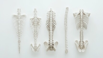 Various Animal Spines Displayed on White Background Highlighting Vertebral Structure and Anatomical Differences