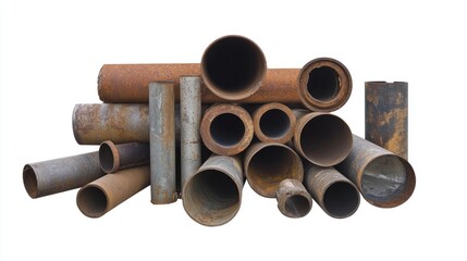 Assorted Rusty Metal Pipes Stacked in a Pile Isolated on White Background for Industrial and Construction Themes