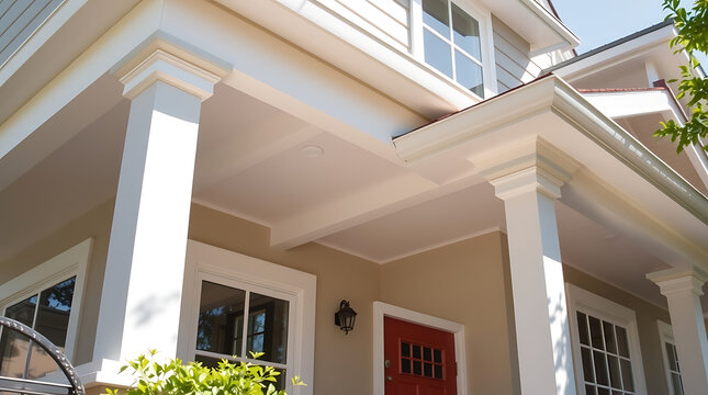 Close-up view of a house's exterior, showcasing its light beige siding, white columns, white trim, and a red front door.  The image focuses on the architectural details of the porch and entryway.