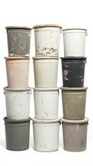 Stack of Vintage Metal Buckets in Various Shades of Gray and White Against a White Background for Rustic and Industrial Design Concepts