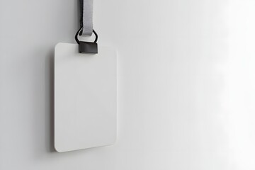 Blank badge hanging, white wall, office, mockup