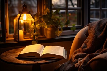 Open book rests on a small table, illuminated by the warm glow of a candle lantern, next to a cozy armchair by a window, creating a peaceful reading atmosphere