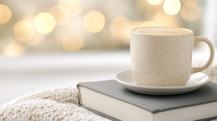 Cozy Coffee and Book Soft Bokeh Background, Mug on Book, Warm Tones, Hygge, Winter, Comfort Hygge, Cozy