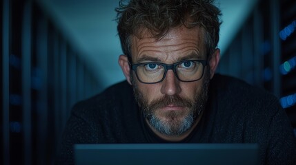 Cybersecurity Specialist Close-up Portrait, Dark Server Room, Concentrated Expression, Data Protection, IT Security Cybersecurity, IT Security