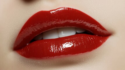 Obraz premium Close-up of vibrant red female lips with a glossy