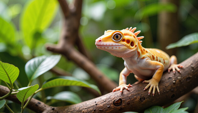 Vivid crested gecko perched on branch in lush terrarium, nature's beauty