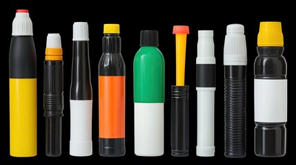 Colorful Assortment of Plastic Bottles on Black Background for Packaging and Design Concepts