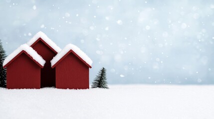 Snowy Red Houses Winter Scene Two Red Wooden Houses, Snow Covered Roofs, Blue Background, bokeh. Christmas, winter wonderland Christmas, Winter