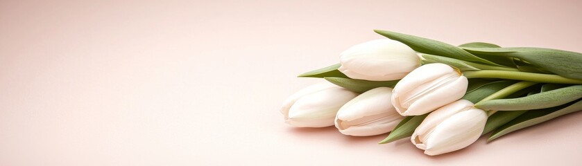 Fototapeta premium White Tulips on Pink Background Close-up Composition, Floral Photography, Spring Concept,Flowers,Tulip Flowers, Spring