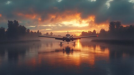 Low-Flying Aircraft Over Misty River at Sunset
