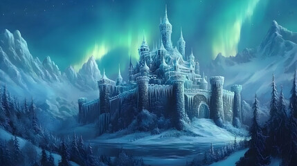 Frozen castle, arctic landscape, aurora borealis, winter wonderland.