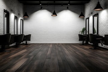 Modern salon interior, empty chairs, brick wall, dark floor, ad space