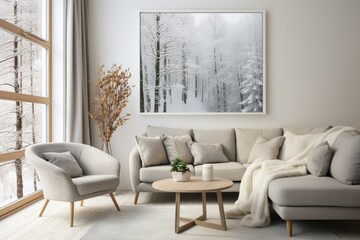Cozy interior design featuring a large framed photo of a snowy forest, creating a winter atmosphere in a modern living room