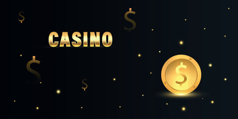 Fototapeta premium Golden online casino poster for VIP, winners. Glitter poker elements, coin, confetti for congratulations, gift. Luxury vip horizontal banner. Isolated vector illustration on black background.