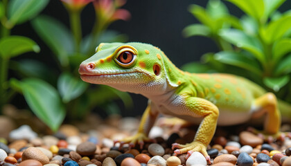 Obraz premium Vivid red-eyed day gecko exploring colorful stones in terrarium, nature's beauty