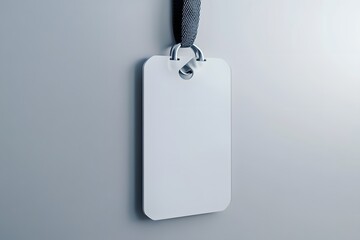 Blank white ID badge mockup, hanging, grey background,  event access