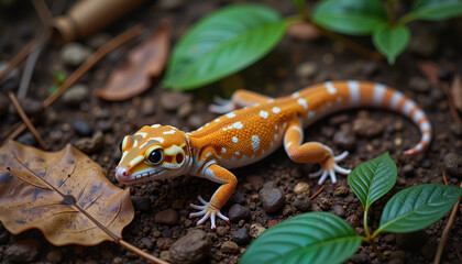 Fototapeta premium Chameleon gecko blending into forest floor among leaves, camouflage art