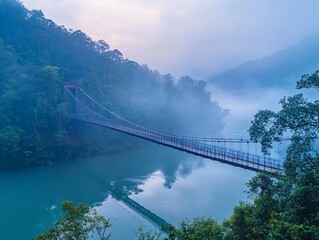 Fototapeta premium Misty morning view of a suspension bridge over calm water in a lush green valley.