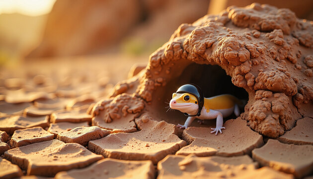 Helmeted gecko emerging from burrow at sunset, desert resilience