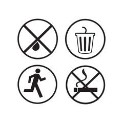 Essential Public Information Icons: No Littering, Waste Disposal, Keep Moving, No Smoking