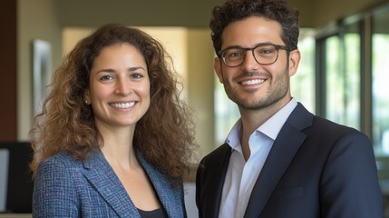 an attractive man and woman in their 30s wearing business attire, in an office setting