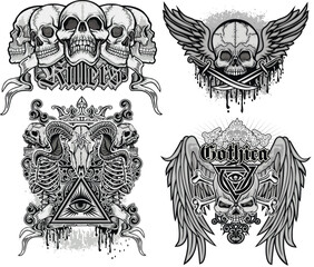 set, gothic sign with skull, grunge vintage design t shirts
