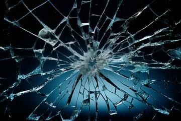 Shattered glass reflecting blue light, creating an abstract pattern of cracks and shards