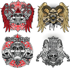 set, gothic sign with skull and sexy tattooed girls
, grunge vintage design t shirts