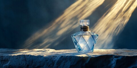 Elegant perfume bottle on stone surface, sunlit.