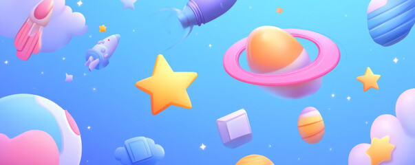 Colorful planets, stars, and clouds create whimsical space scene filled with joy and imagination. Perfect for children themes and playful designs