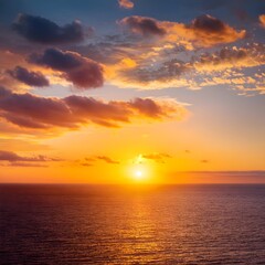 Fototapeta premium sunset over the ocean, Sunset sky clouds over sea in the evening with Orange, Yellow sunlight Golden hour in Summer landscape,