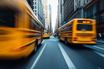 Fototapeta premium Motion blur of yellow school buses on city street.