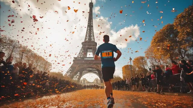 Man running towards the Eiffel Tower while crowd is cheering in a marathon race in Paris, dolly forward video shot.