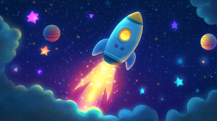 Fototapeta premium Cheerful cartoon rocket navigating through starry night sky, surrounded by colorful planets and glowing stars, creating whimsical and adventurous atmosphere
