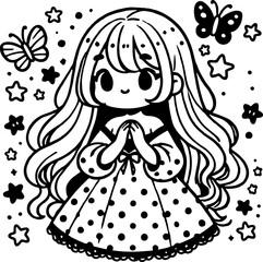 A cute kawaii-style girl with long flowing hair, wearing a polka-dot dress. Cartoon comic vector illustration