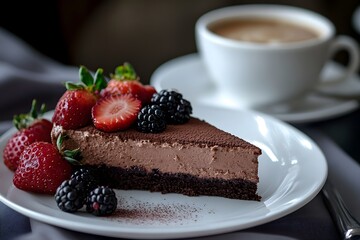 Chocolate mousse cake, berries, coffee, cafe, dessert (1)