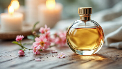 Luxurious Perfume Bottle with Candles and Flowers