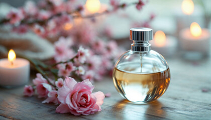 Perfume Bottle with Pink Flowers and Candles