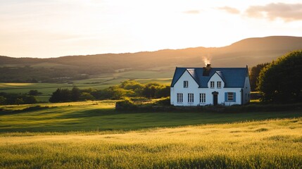Obraz premium White house on green field at sunset.