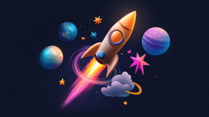 Glowing rocket soaring through space, surrounded by colorful planets and stars, creating magical journey in cosmos